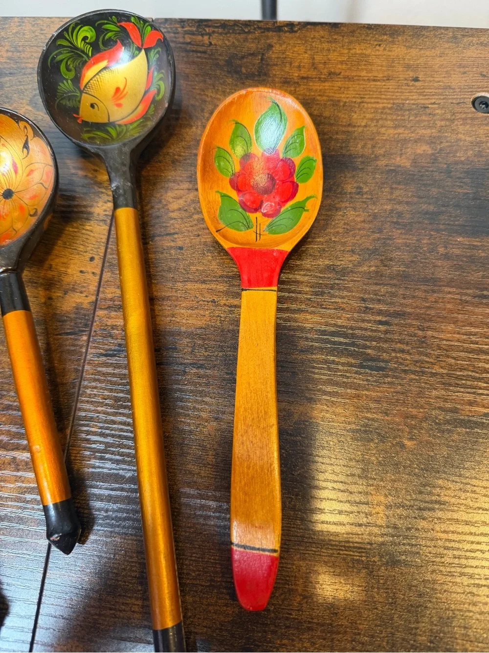 Hand-Painted Black and Gold Wooden Decorative Spoons Set of 5